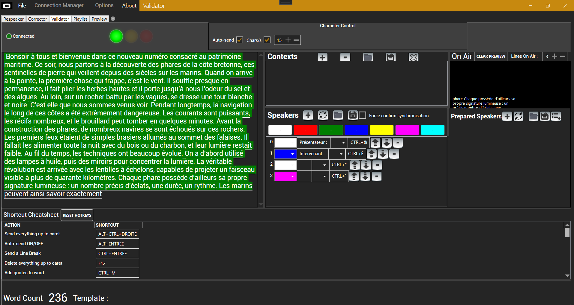 Interface de validation de CreasySubs Live affichant le texte des sous-titres, les intervenants et la prévisualisation à l’antenne
